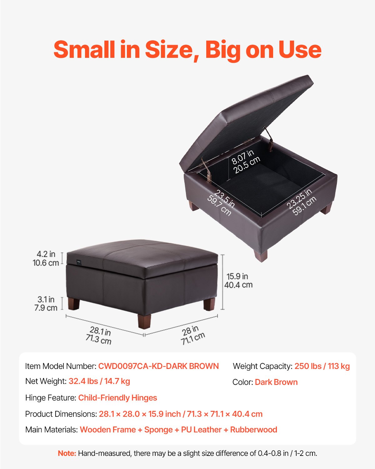 VEVOR quadratische Leder-Ottomane mit Stauraum, gepolsterter Couchtisch mit getufteten Knöpfen & Lift-Top- und Flip-Design, PU-Leder mit hochdichtem Schwamm für Wohnzimmer Schlafzimmer Dunkelbraun