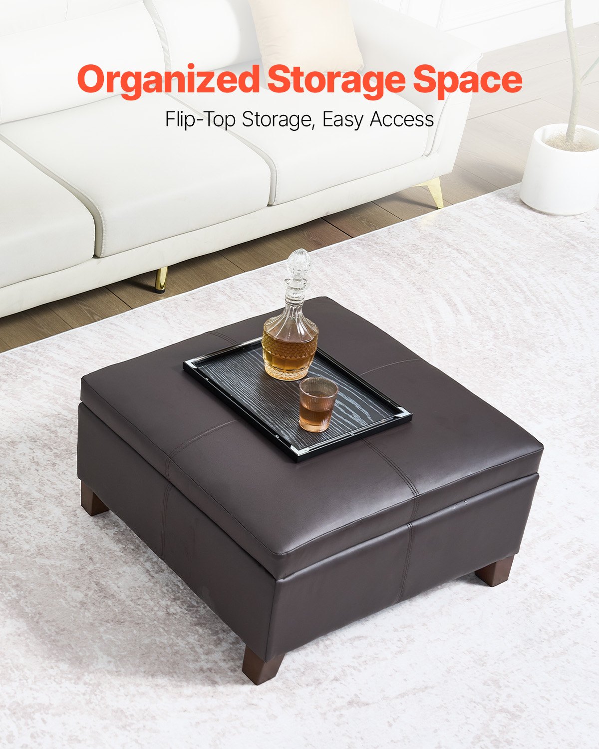 VEVOR quadratische Leder-Ottomane mit Stauraum, gepolsterter Couchtisch mit getufteten Knöpfen & Lift-Top- und Flip-Design, PU-Leder mit hochdichtem Schwamm für Wohnzimmer Schlafzimmer Dunkelbraun