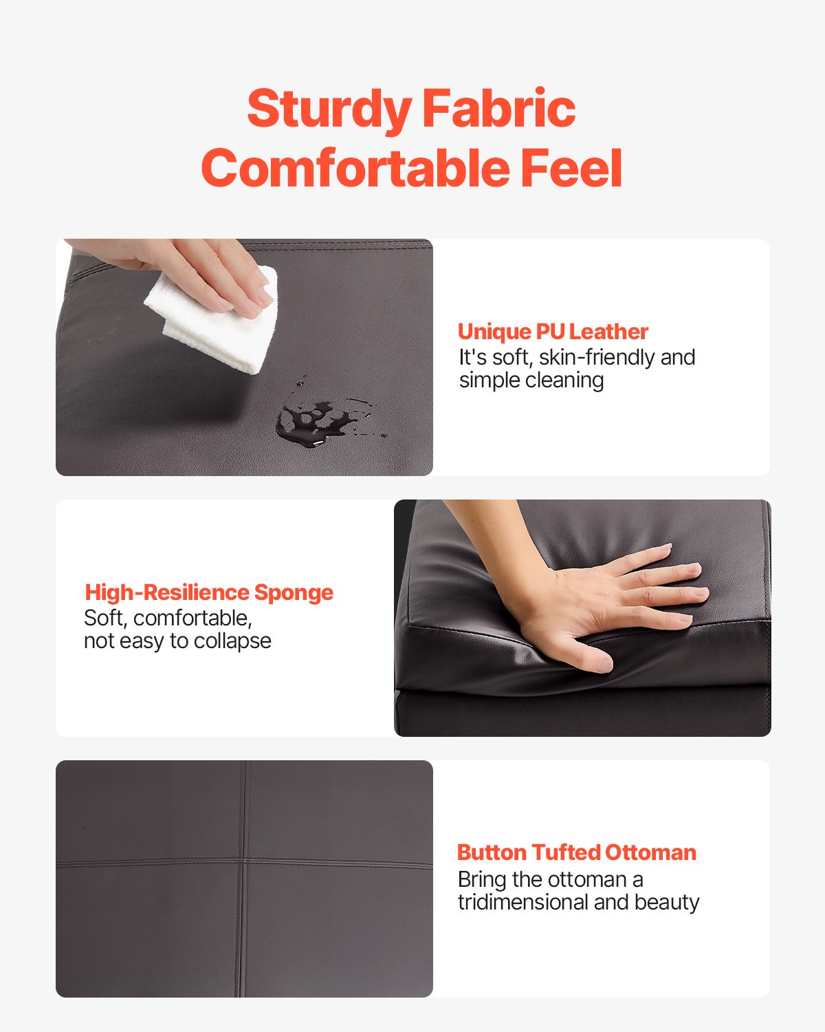 VEVOR quadratische Leder-Ottomane mit Stauraum, gepolsterter Couchtisch mit getufteten Knöpfen & Lift-Top- und Flip-Design, PU-Leder mit hochdichtem Schwamm für Wohnzimmer Schlafzimmer Dunkelbraun