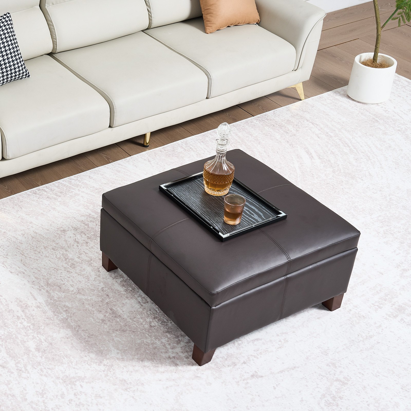 VEVOR quadratische Leder-Ottomane mit Stauraum, gepolsterter Couchtisch mit getufteten Knöpfen & Lift-Top- und Flip-Design, PU-Leder mit hochdichtem Schwamm für Wohnzimmer Schlafzimmer Dunkelbraun