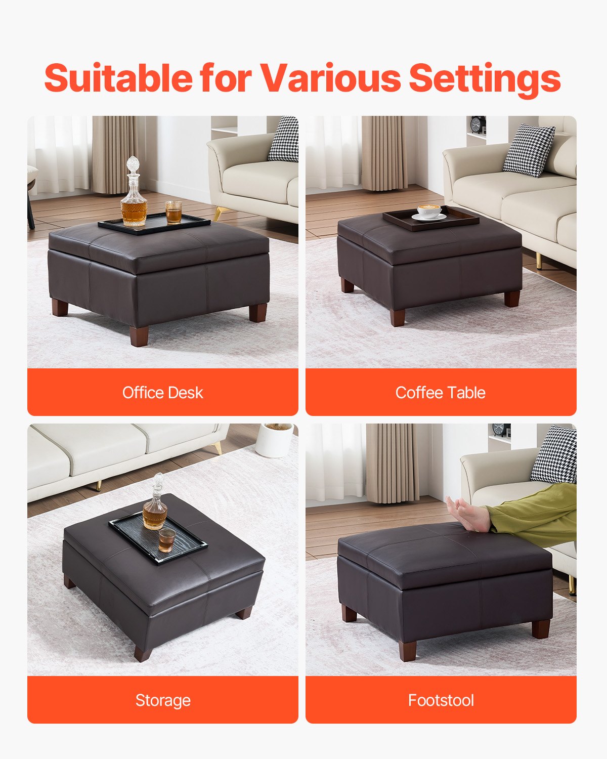 VEVOR 71 cm Square Leather Ottoman with Storage, Upholstered Tufted Button Coffee Table Ottoman with Flip-Top Design, PU Leather High-Density Sponge for Living Room, Dorm, Bedroom, Dark Brown