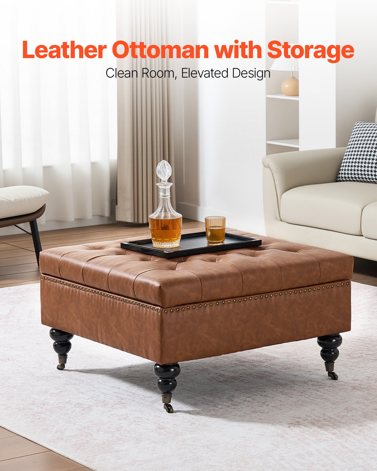 VEVOR quadratische Leder-Ottomane mit Stauraum, gepolsterter Couchtisch mit getufteten Knöpfen & Lift-Top- und Flip-Design, PU-Leder mit hochdichtem Schwamm für Wohnzimmer Schlafzimmer Braun