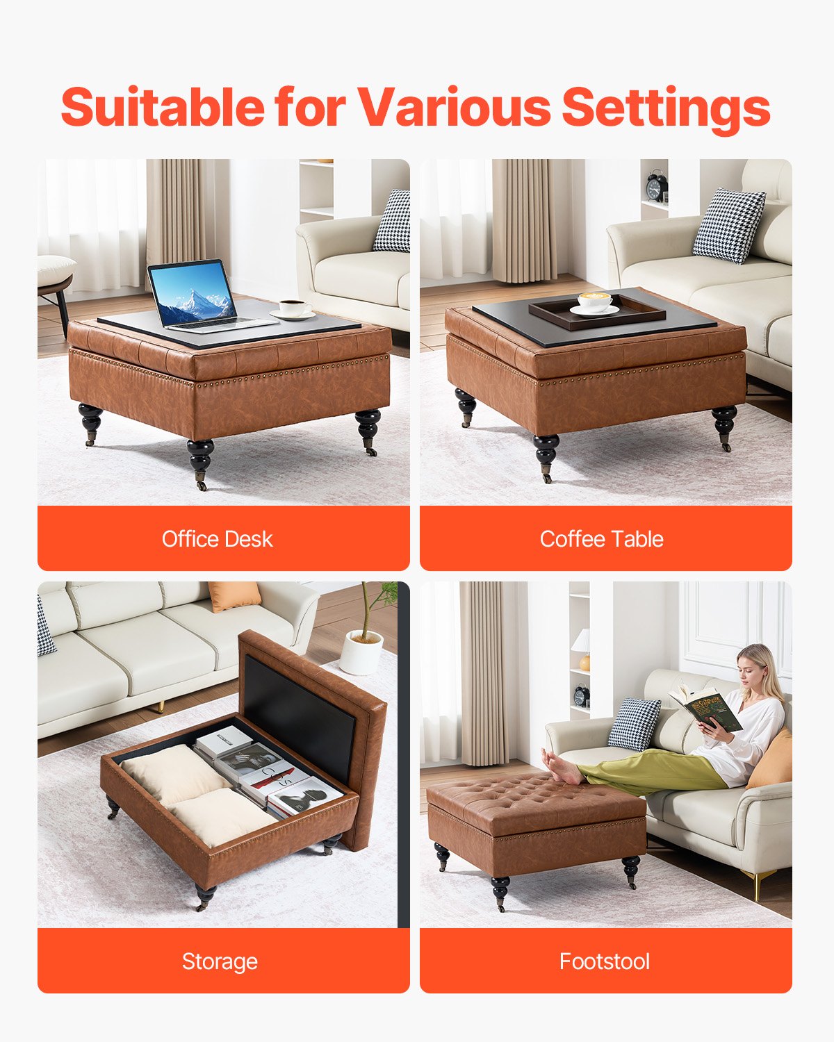 VEVOR quadratische Leder-Ottomane mit Stauraum, gepolsterter Couchtisch mit getufteten Knöpfen & Lift-Top- und Flip-Design, PU-Leder mit hochdichtem Schwamm für Wohnzimmer Schlafzimmer Braun