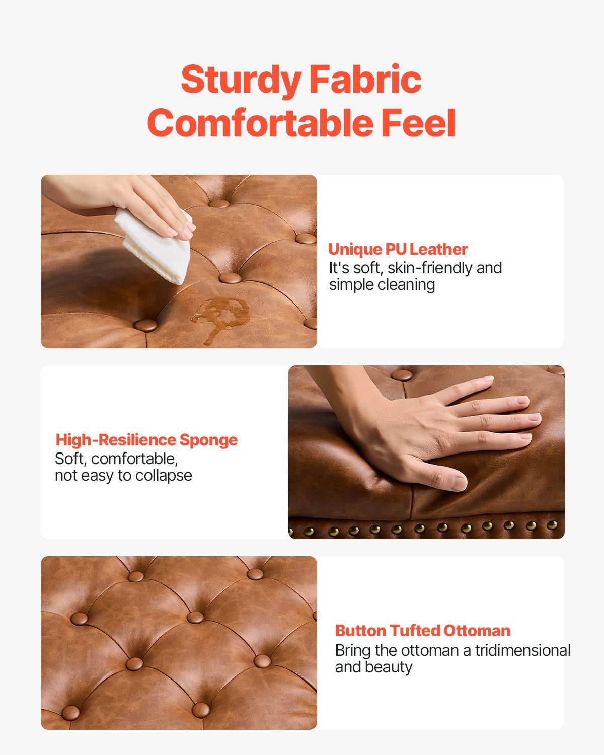 VEVOR quadratische Leder-Ottomane mit Stauraum, gepolsterter Couchtisch mit getufteten Knöpfen & Lift-Top- und Flip-Design, PU-Leder mit hochdichtem Schwamm für Wohnzimmer Schlafzimmer Braun