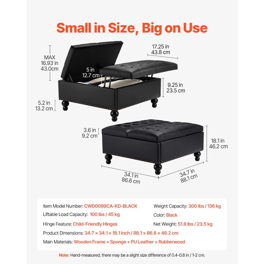 VEVOR quadratische Leder-Ottomane mit Stauraum, gepolsterter Couchtisch mit getufteten Knöpfen und Lift-Top- und Flip-Design, PU-Leder mit hochdichtem Schwamm für Wohnzimmer Schlafzimmer Schwarz