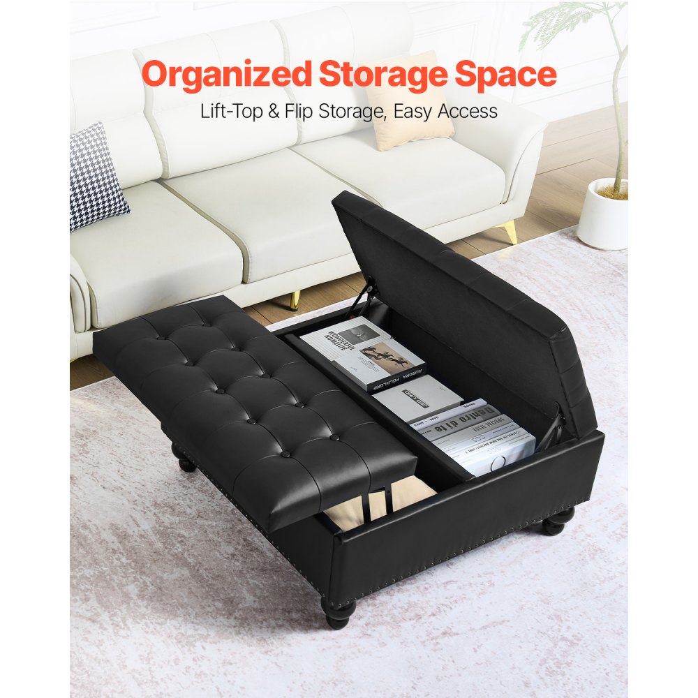 VEVOR quadratische Leder-Ottomane mit Stauraum, gepolsterter Couchtisch mit getufteten Knöpfen und Lift-Top- und Flip-Design, PU-Leder mit hochdichtem Schwamm für Wohnzimmer Schlafzimmer Schwarz