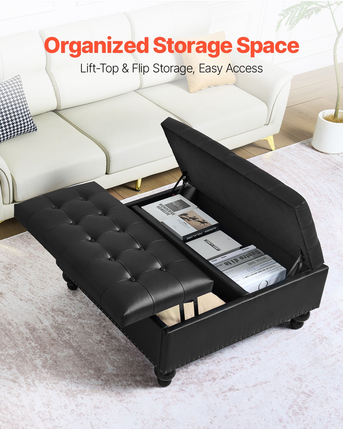 VEVOR quadratische Leder-Ottomane mit Stauraum, gepolsterter Couchtisch mit getufteten Knöpfen und Lift-Top- und Flip-Design, PU-Leder mit hochdichtem Schwamm für Wohnzimmer Schlafzimmer Schwarz