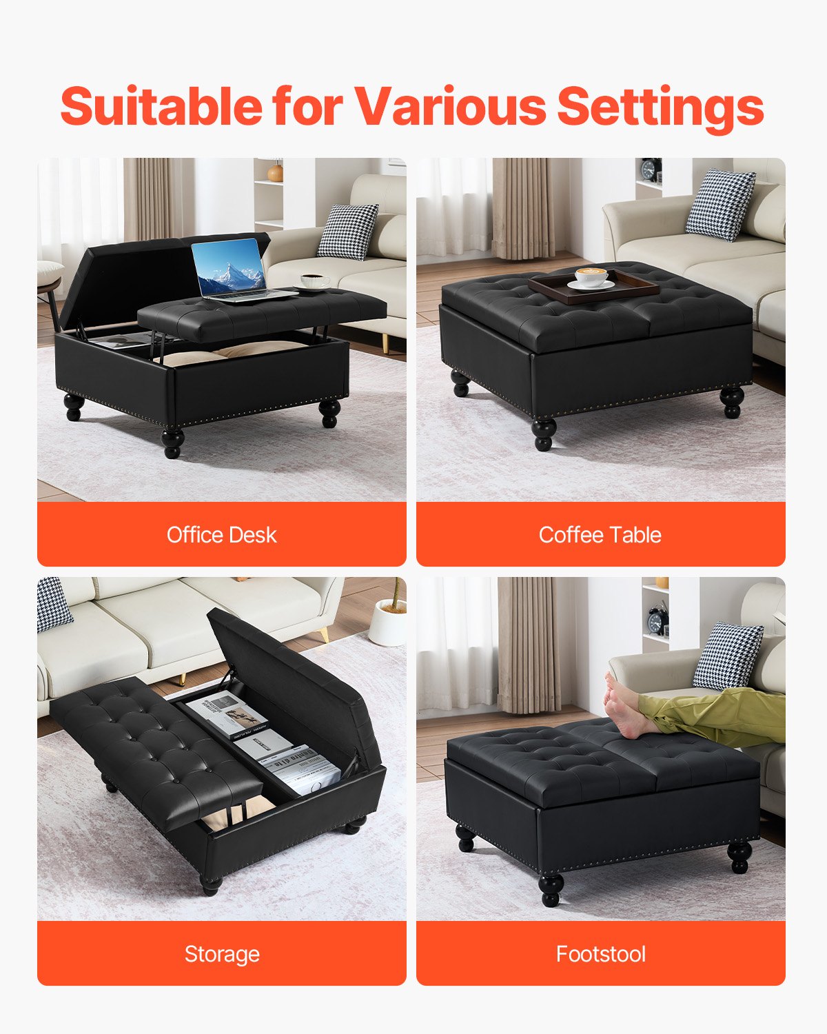 VEVOR quadratische Leder-Ottomane mit Stauraum, gepolsterter Couchtisch mit getufteten Knöpfen und Lift-Top- und Flip-Design, PU-Leder mit hochdichtem Schwamm für Wohnzimmer Schlafzimmer Schwarz