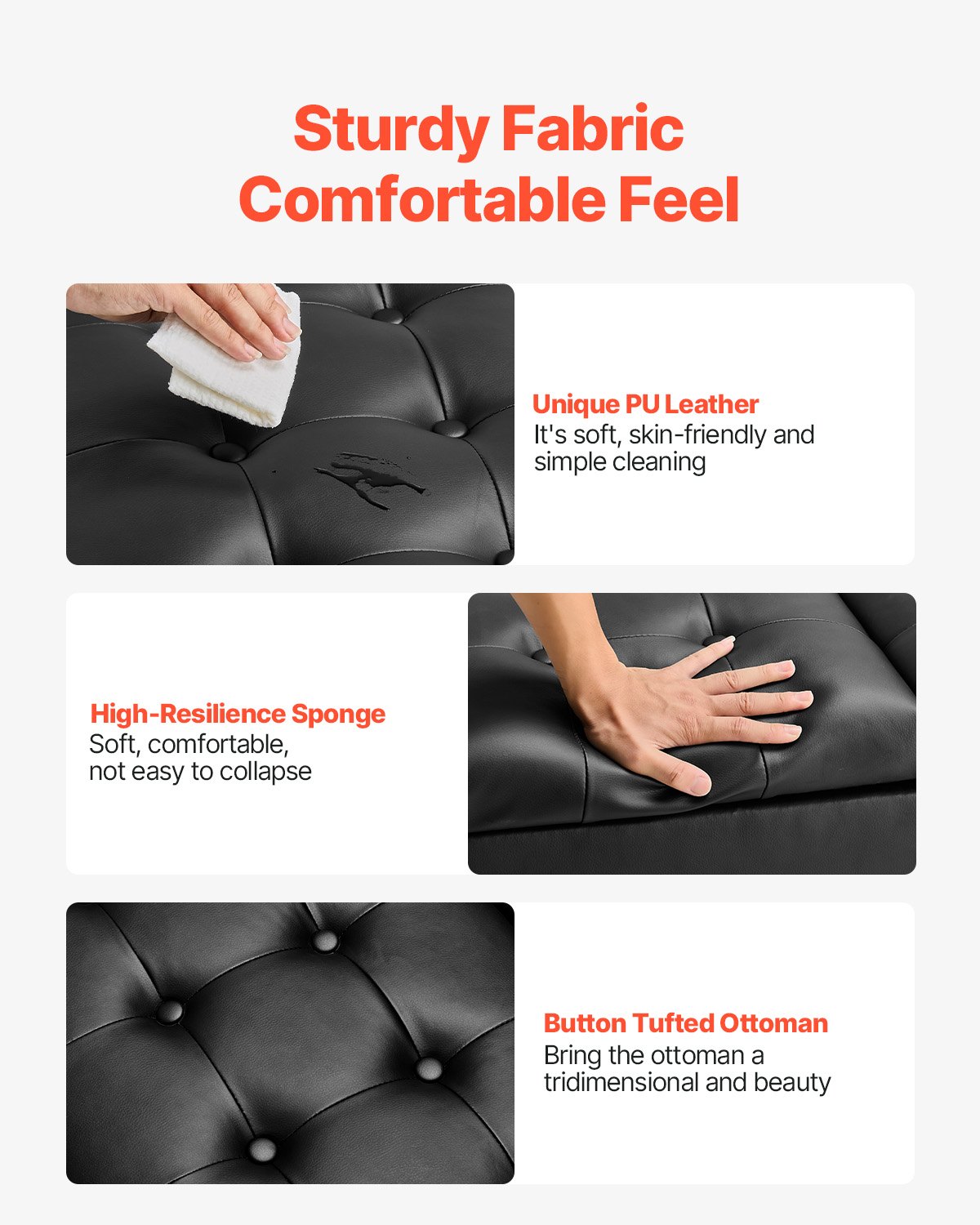 VEVOR quadratische Leder-Ottomane mit Stauraum, gepolsterter Couchtisch mit getufteten Knöpfen und Lift-Top- und Flip-Design, PU-Leder mit hochdichtem Schwamm für Wohnzimmer Schlafzimmer Schwarz