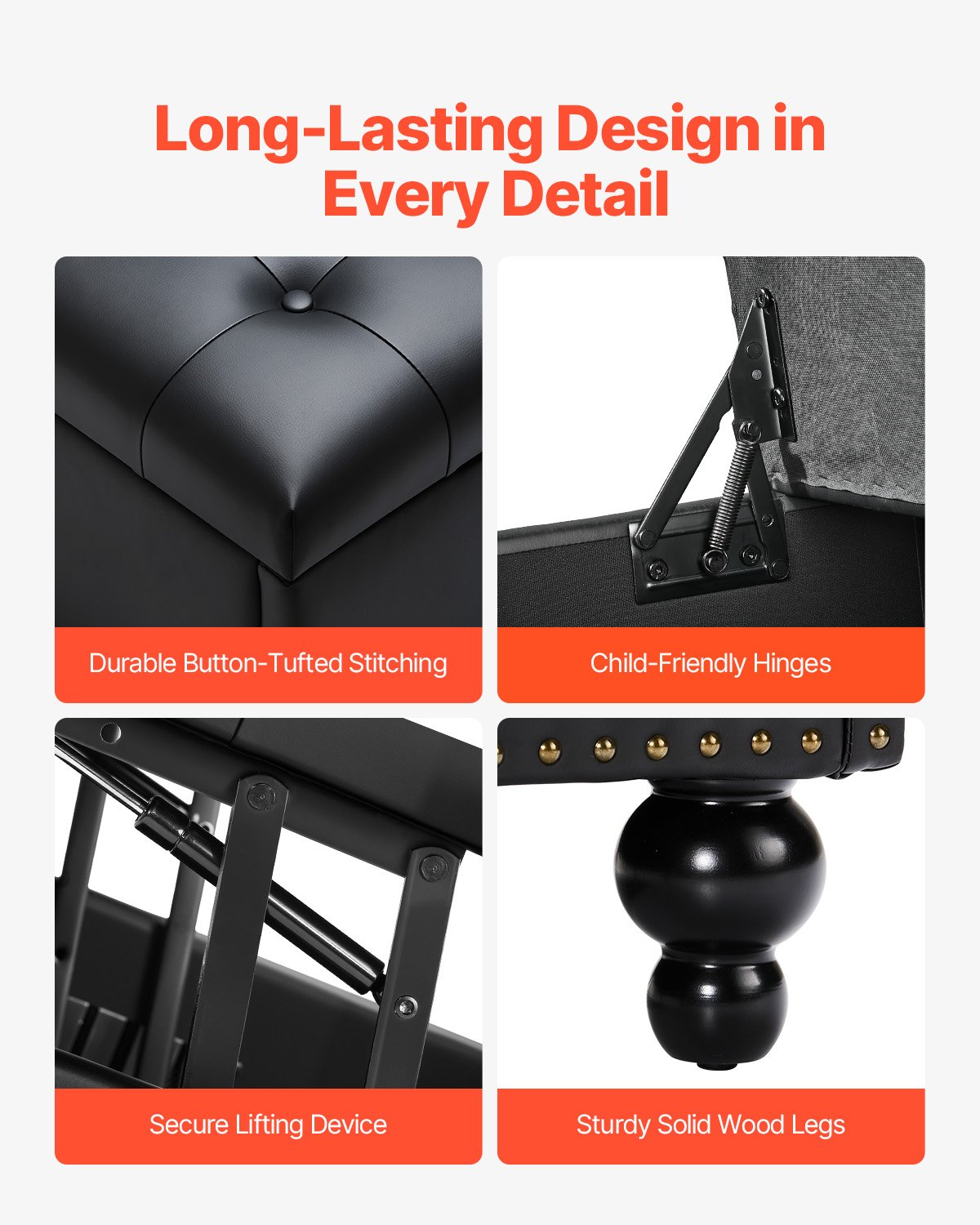 VEVOR quadratische Leder-Ottomane mit Stauraum, gepolsterter Couchtisch mit getufteten Knöpfen und Lift-Top- und Flip-Design, PU-Leder mit hochdichtem Schwamm für Wohnzimmer Schlafzimmer Schwarz