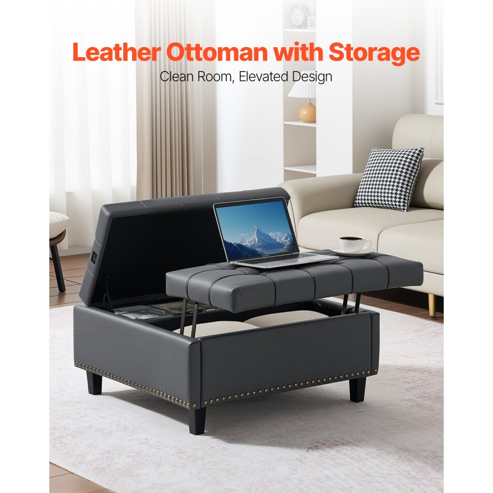 VEVOR quadratische Leder-Ottomane mit Stauraum, gepolsterter Couchtisch mit getufteten Knöpfen und Lift-Top- und Flip-Design, PU-Leder mit hochdichtem Schwamm für Wohnzimmer Schlafzimmer Grau