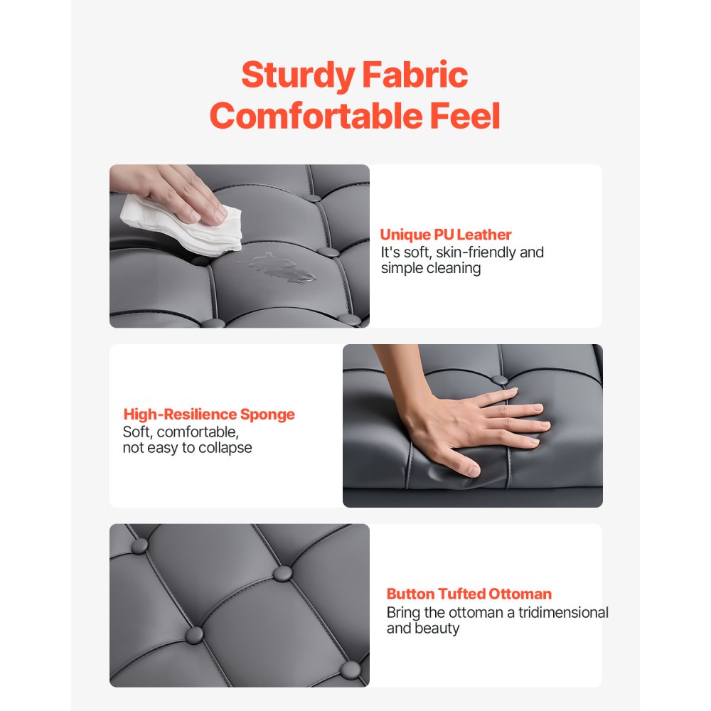 VEVOR quadratische Leder-Ottomane mit Stauraum, gepolsterter Couchtisch mit getufteten Knöpfen und Lift-Top- und Flip-Design, PU-Leder mit hochdichtem Schwamm für Wohnzimmer Schlafzimmer Grau