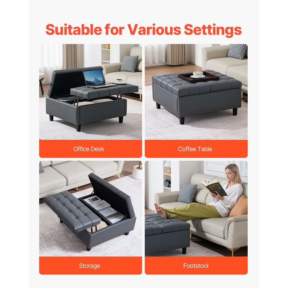 VEVOR quadratische Leder-Ottomane mit Stauraum, gepolsterter Couchtisch mit getufteten Knöpfen und Lift-Top- und Flip-Design, PU-Leder mit hochdichtem Schwamm für Wohnzimmer Schlafzimmer Grau