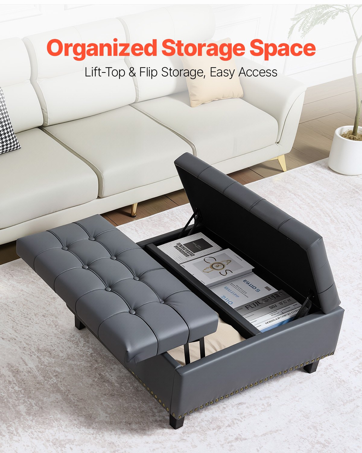 VEVOR quadratische Leder-Ottomane mit Stauraum, gepolsterter Couchtisch mit getufteten Knöpfen und Lift-Top- und Flip-Design, PU-Leder mit hochdichtem Schwamm für Wohnzimmer Schlafzimmer Grau