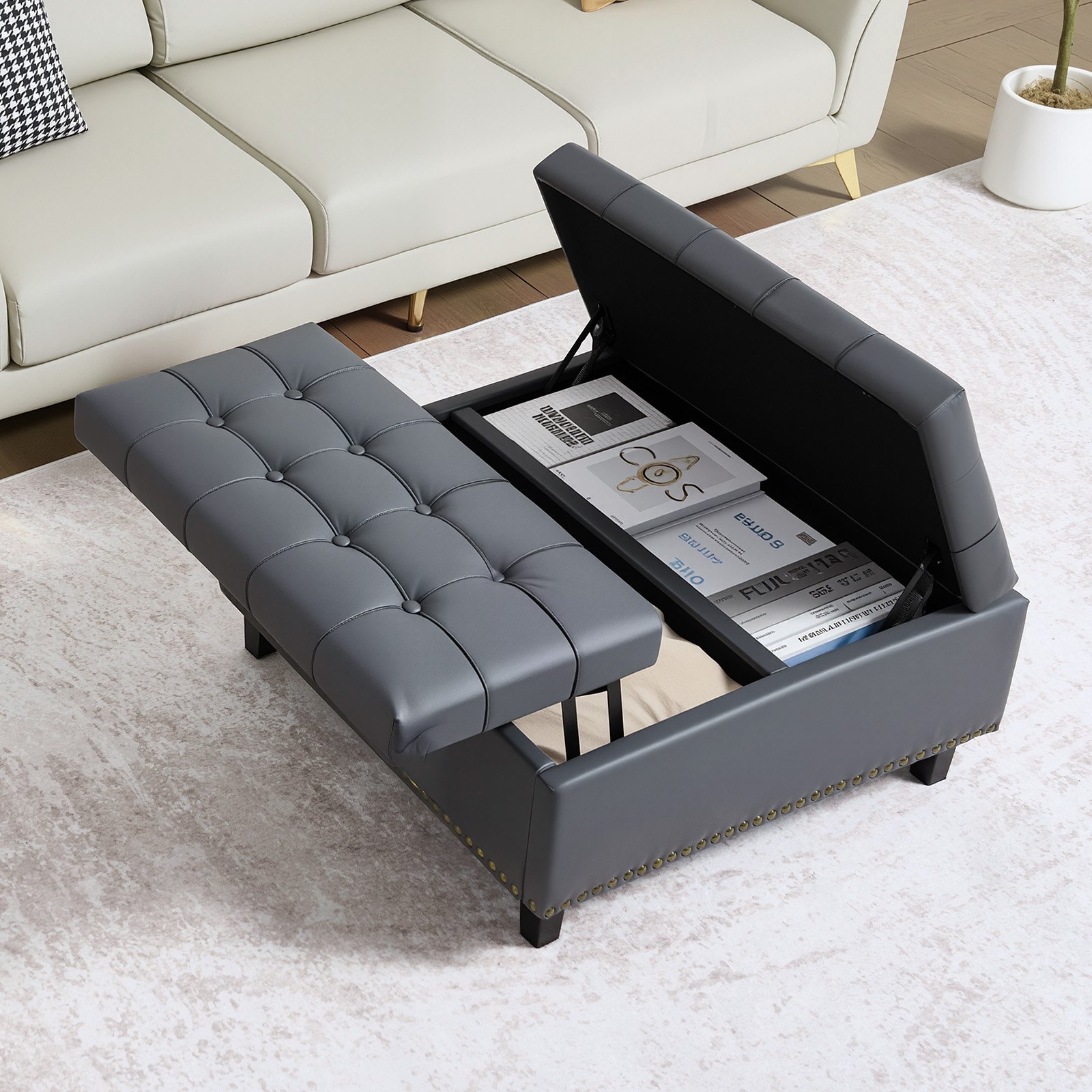 VEVOR 80 cm Square Leather Ottoman with Storage, Upholstered Tufted Button Coffee Table Ottoman with Lift-Top & Flip Design, PU Leather High-Density Sponge for Living Room, Bedroom, Dorm, Grey