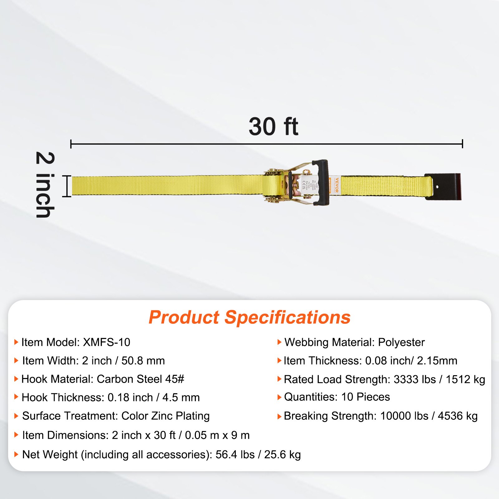 VEVOR 10-pack ratchet straps 0.05 x 9 m, 4536 kg capacity, polyester webbing with carbon steel hooks, ideal for motorcycles, bicycles, kayaks, UTVs, boats, and ATVs