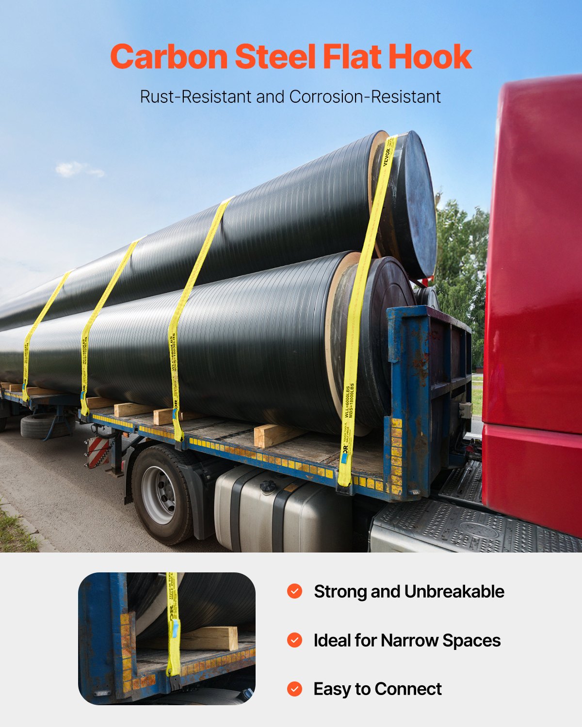 VEVOR Windengurte 96 x 94 mm 2,7 T Tragfähigkeit 8,2 T Bruchfestigkeit LKW-Gurte mit flachem Haken Flachbett-Zurrgurte Ladungskontrolle für Anhänger Bauernhöfe Rettungen Baumschoner Gelb (4er-Pack)