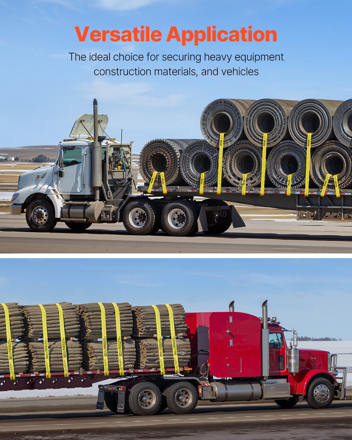 VEVOR Windengurte 96 x 94 mm 2,7 T Tragfähigkeit 8,2 T Bruchfestigkeit LKW-Gurte mit flachem Haken Flachbett-Zurrgurte Ladungskontrolle für Anhänger Bauernhöfe Rettungen Baumschoner Gelb (4er-Pack)