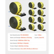 VEVOR Windengurte, 4" x 30', 6000 lbs Tragfähigkeit, 18000 lbs Bruchfestigkeit, LKW-Gurte mit flachem Haken, Ladungskontrolle für Anhänger, Bauernhöfe, Rettungen, Baumschoner, Gelb (10er-Pack)