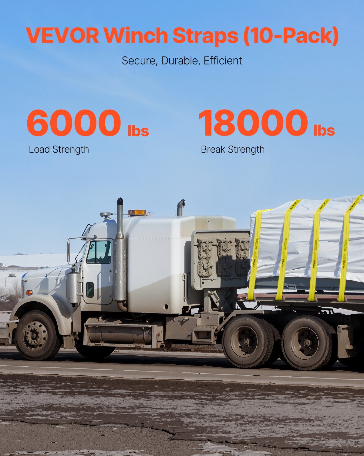 VEVOR Windengurte, 4" x 30', 6000 lbs Tragfähigkeit, 18000 lbs Bruchfestigkeit, LKW-Gurte mit flachem Haken, Ladungskontrolle für Anhänger, Bauernhöfe, Rettungen, Baumschoner, Gelb (10er-Pack)