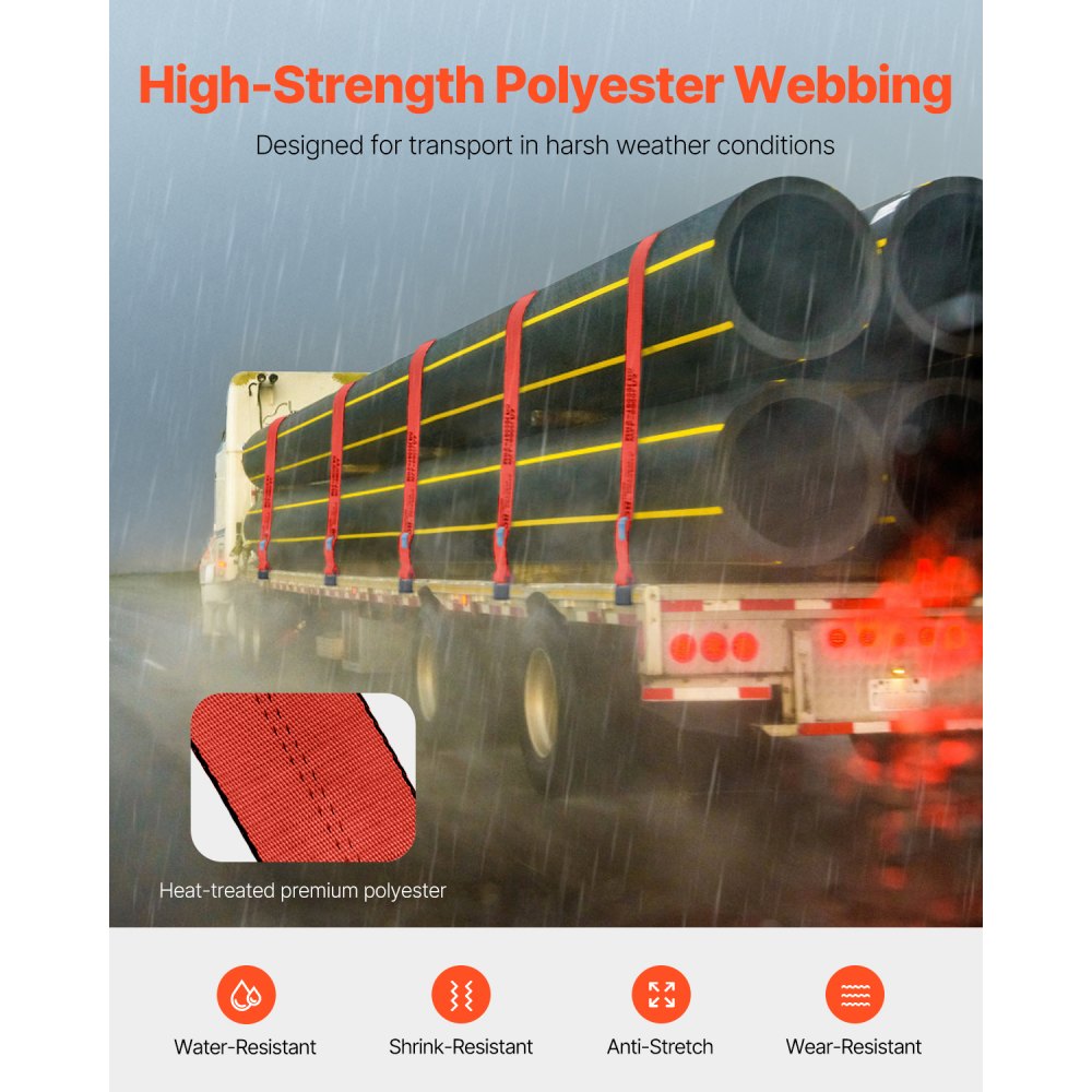 VEVOR Windengurte, 4" x 30', 6000 lbs Tragfähigkeit, 18000 lbs Bruchfestigkeit, LKW-Gurte mit flachem Haken, Ladungskontrolle für Anhänger, Bauernhöfe, Rettungen, Baumschoner, Rot (10er-Pack)
