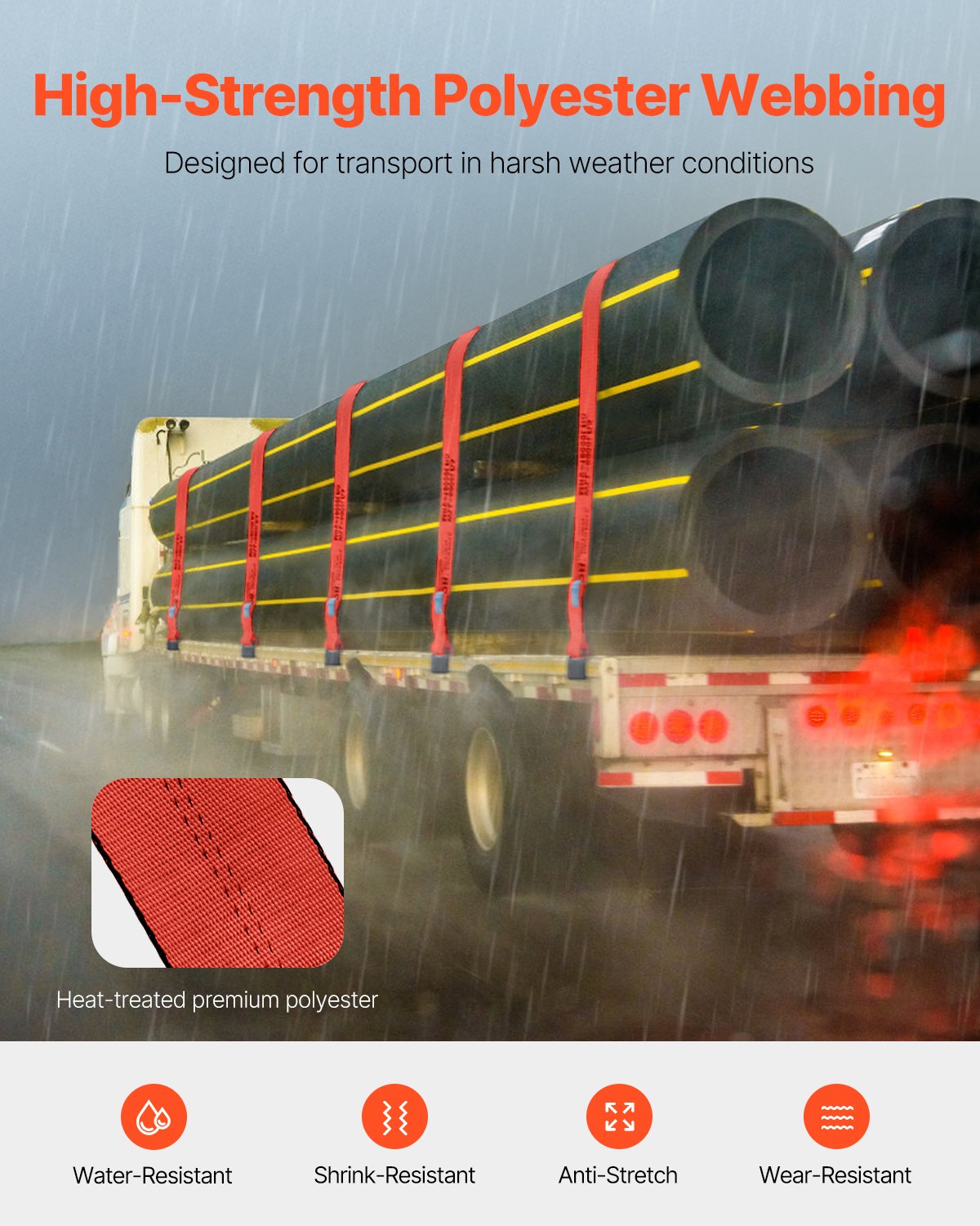 VEVOR Windengurte, 4" x 30', 6000 lbs Tragfähigkeit, 18000 lbs Bruchfestigkeit, LKW-Gurte mit flachem Haken, Ladungskontrolle für Anhänger, Bauernhöfe, Rettungen, Baumschoner, Rot (10er-Pack)