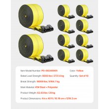 VEVOR Windengurte, 4" x 40', 6000 lbs Tragfähigkeit, 18000 lbs Bruchfestigkeit, LKW-Gurte mit flachem Haken, Ladungskontrolle für Anhänger, Bauernhöfe, Rettungen, Baumschoner, Gelb (10er-Pack)