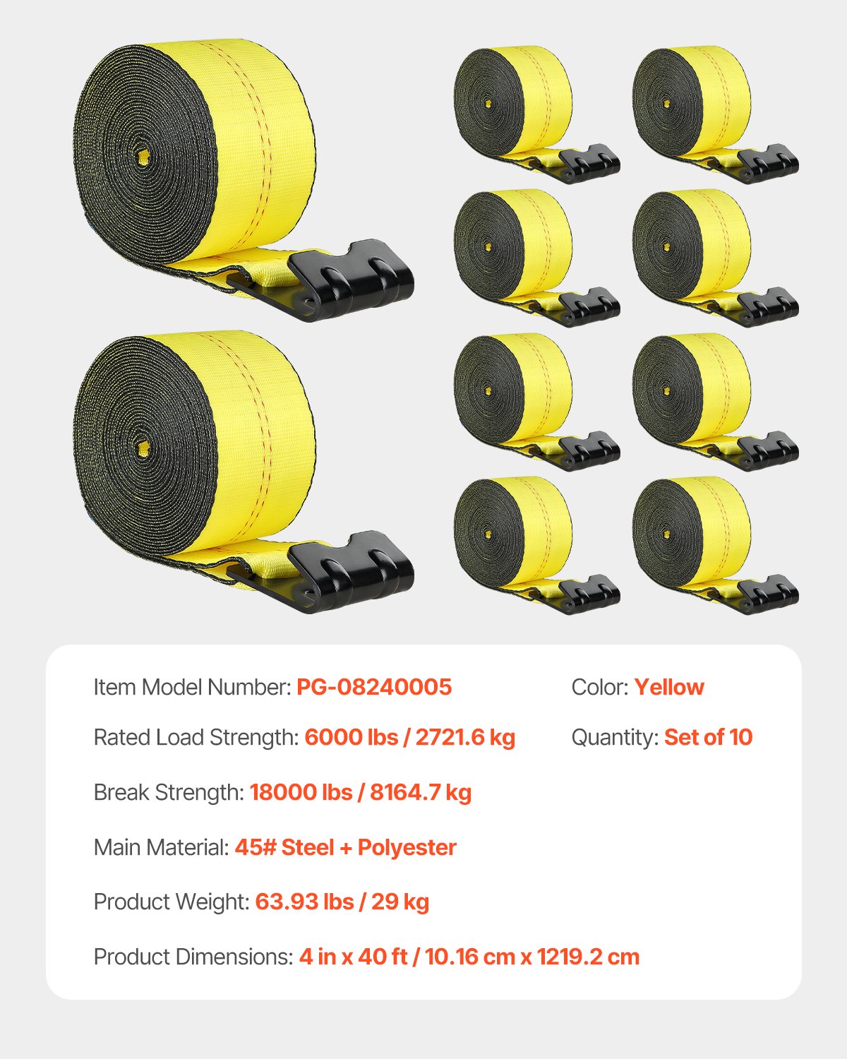 VEVOR Windengurte, 4" x 40', 6000 lbs Tragfähigkeit, 18000 lbs Bruchfestigkeit, LKW-Gurte mit flachem Haken, Ladungskontrolle für Anhänger, Bauernhöfe, Rettungen, Baumschoner, Gelb (10er-Pack)