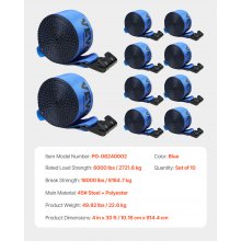 VEVOR Windengurte, 4" x 30', 6000 lbs Tragfähigkeit, 18000 lbs Bruchfestigkeit, LKW-Gurte mit flachem Haken, für Anhänger, Bauernhöfe, Rettungen, Baumschoner, blau (10er-Pack)