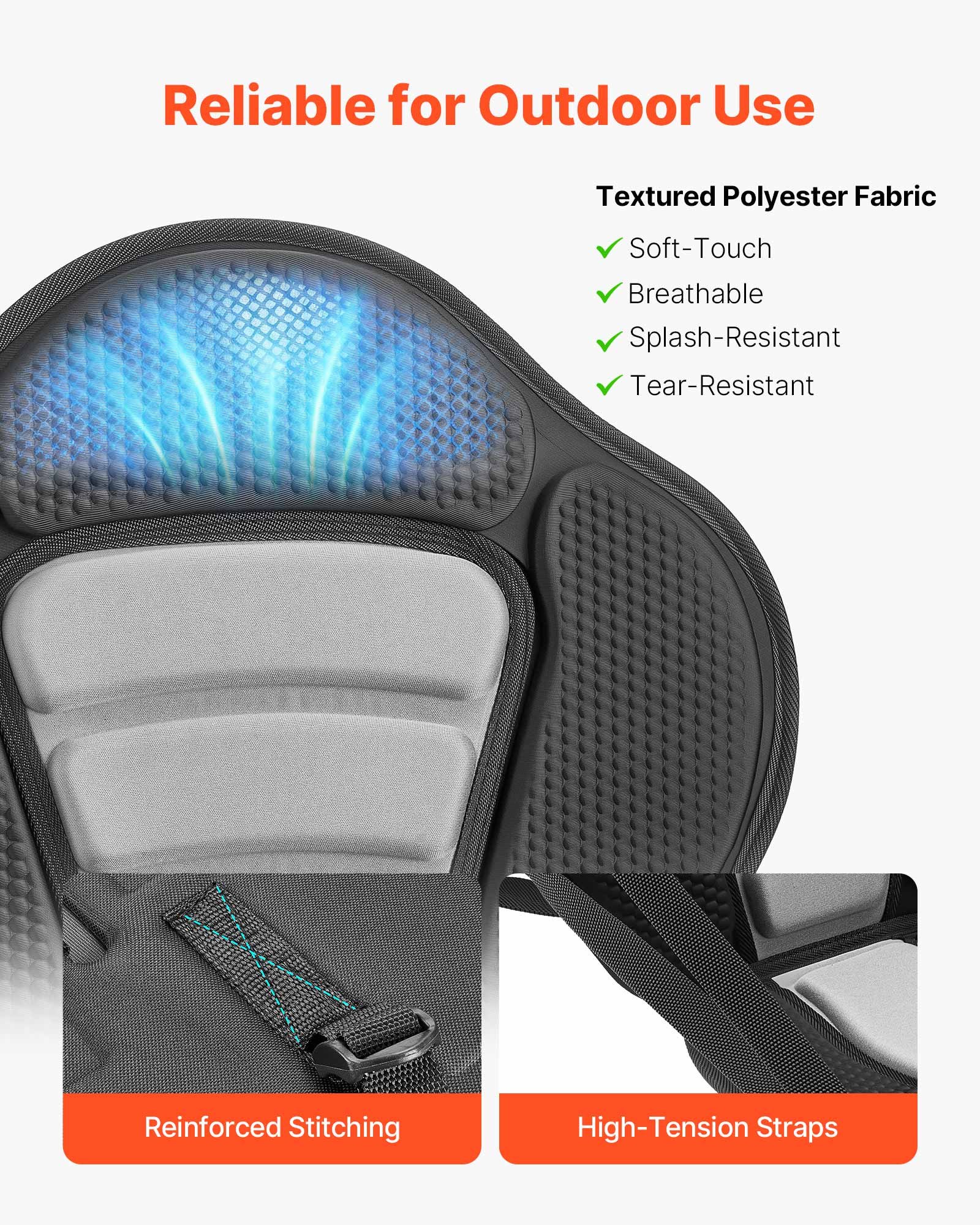 VEVOR Kayak Seat, 1 Pack 12 mm Thick, Universal Paddle Board Seat with Back Support, Sit-on-Top Soft Padded Cushion with Storage Bag & Adjustable Straps for SUP, Canoe, Fishing Boat, Inflatable Kayak