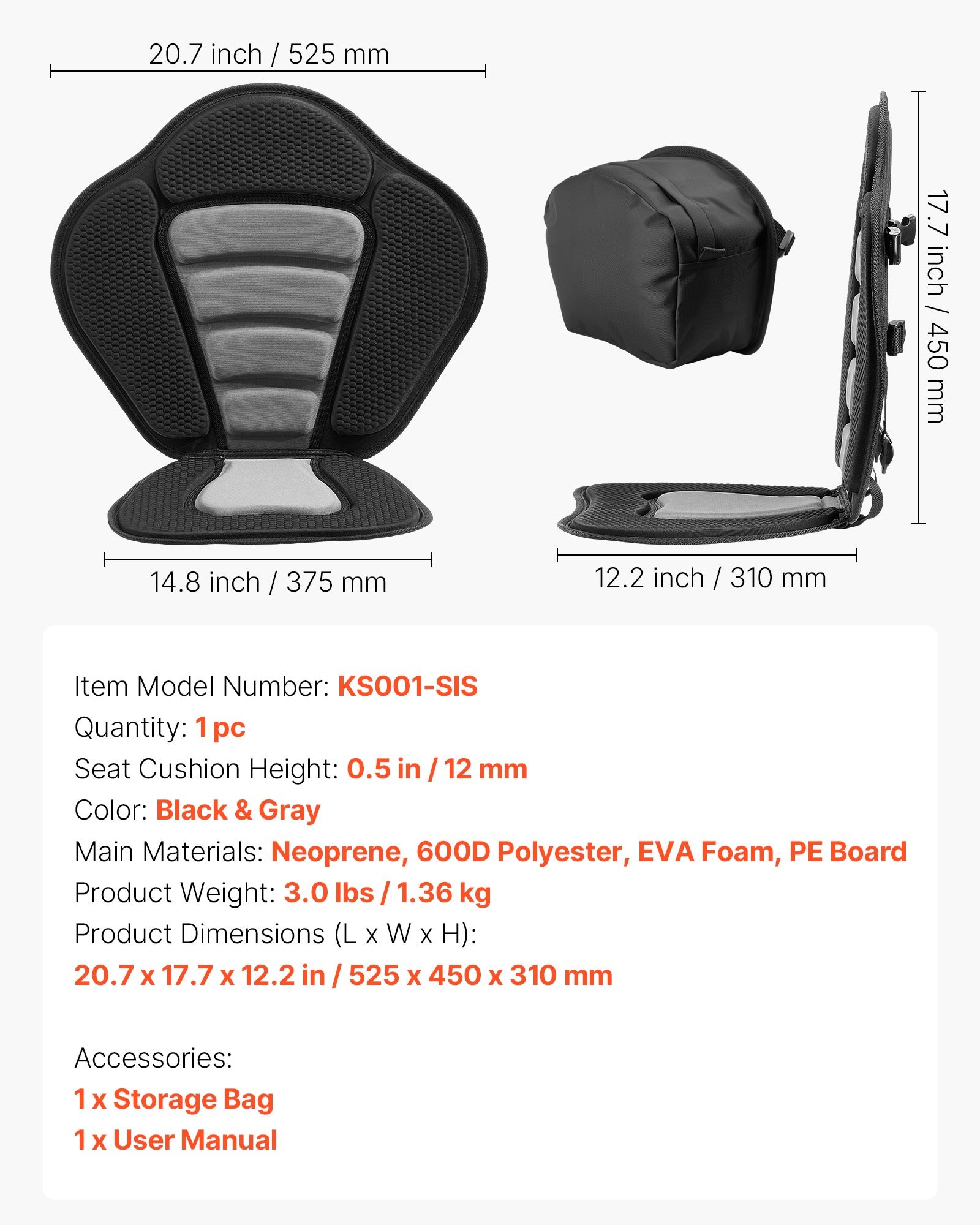 VEVOR Kayak Seat, 1 Pack 12 mm Thick, Universal Paddle Board Seat with Back Support, Sit-on-Top Soft Padded Cushion with Storage Bag & Adjustable Straps for SUP, Canoe, Fishing Boat, Inflatable Kayak