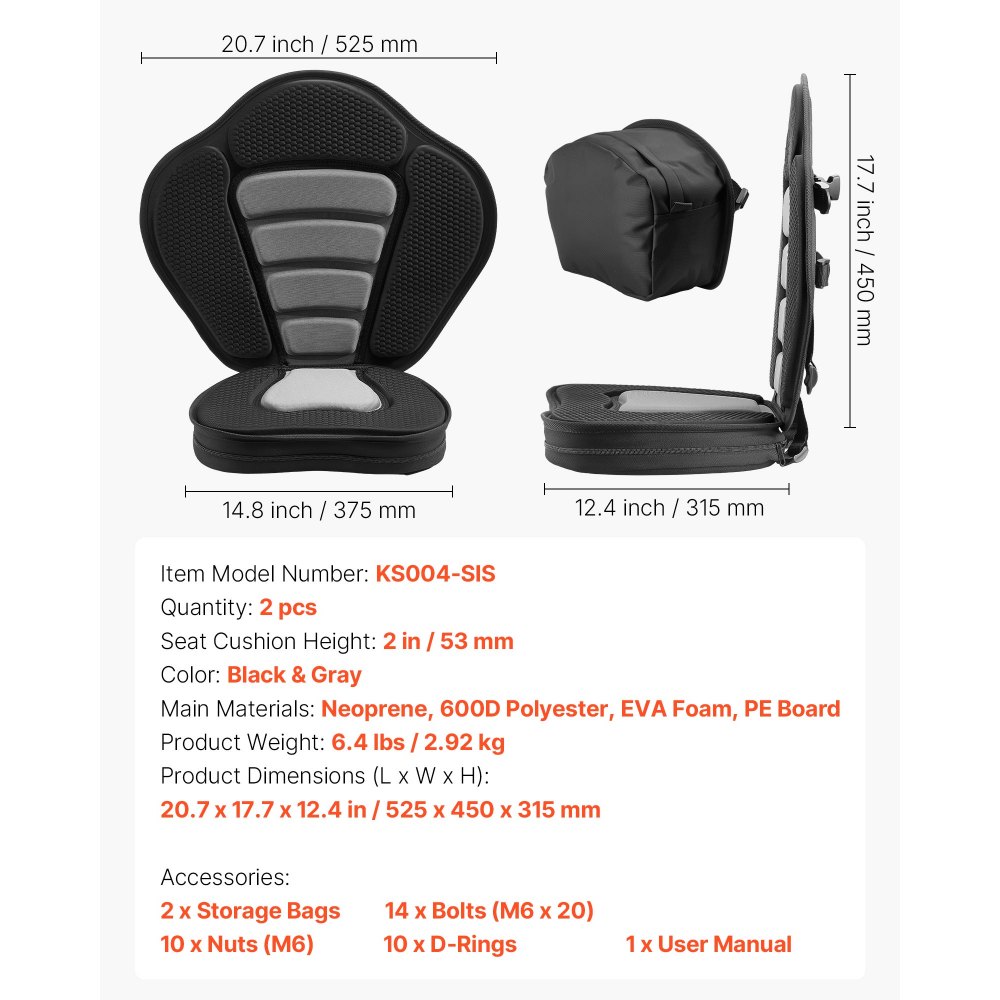 VEVOR 2 x Kajaksitz 53 mm Dicke, Gepolsterter Sitz für Stand-Up-Paddle-Board, Bootssitz mit Rückenlehne & Aufbewahrungstasche & Verstellbaren Gurten für SUP Kanu Angelboot Aufblasbares Kajak