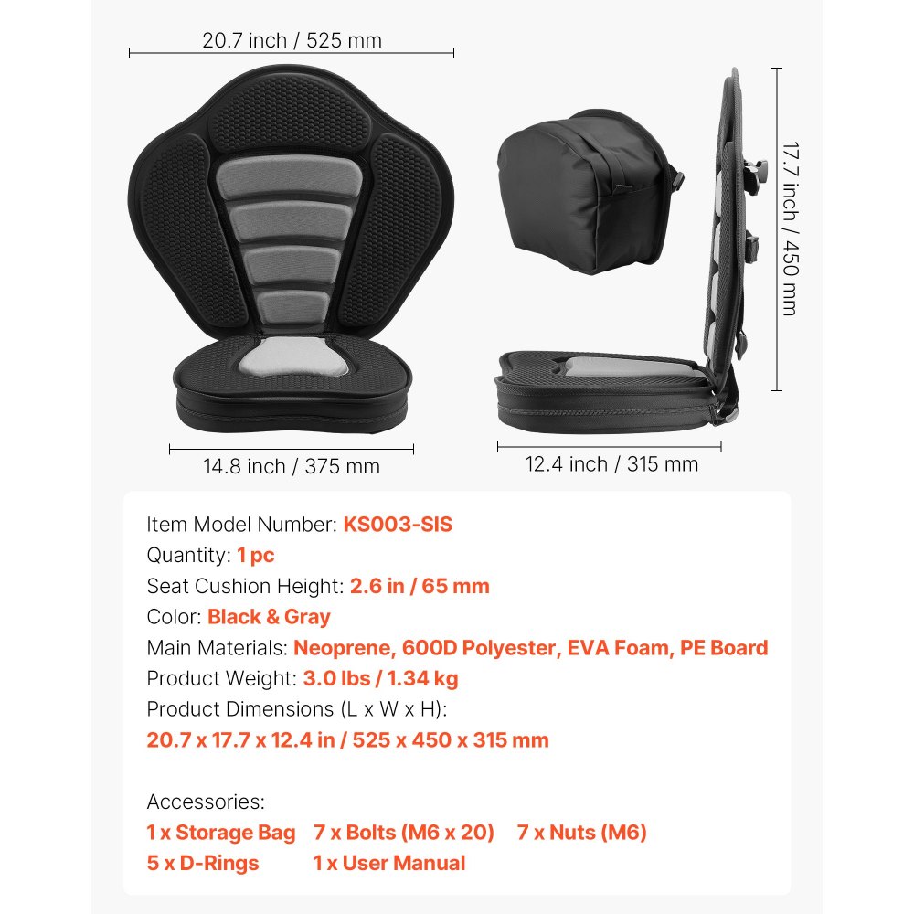 VEVOR Kayak Seat, 1 Pack 65 mm Thick, Universal Paddle Board Seat with Back Support, Sit-on-Top Soft Padded Cushion with Storage Bag & Adjustable Straps for SUP, Canoe, Fishing Boat, Inflatable Kayak