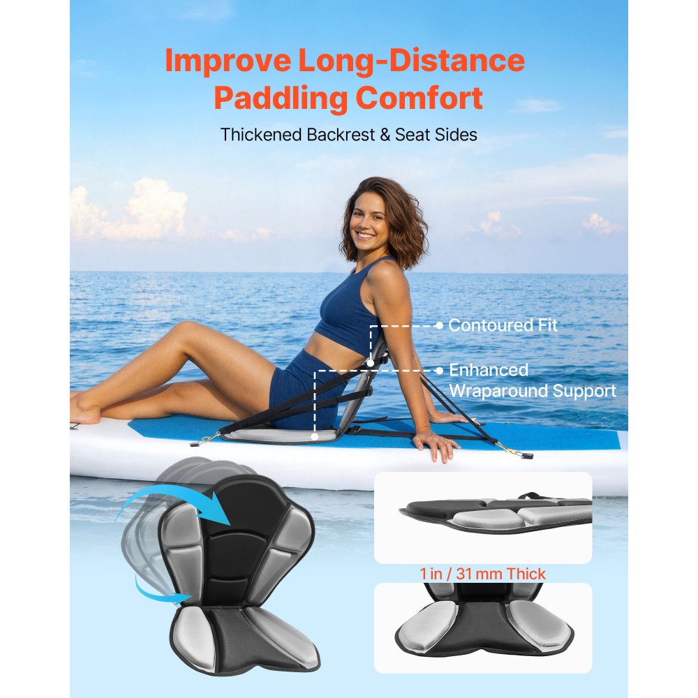 VEVOR Kayak Seat, 1 Pack 31 mm Thick, Universal Paddle Board Seat with Back Support, Sit-on-Top Soft Padded Cushion with Storage Bag & Adjustable Straps for SUP, Fishing/Inflatable Kayak, Rowboat