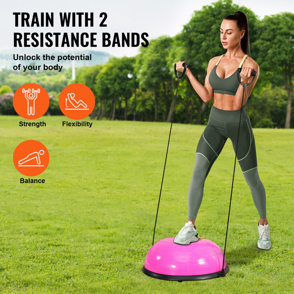 VEVOR Halb-Gymnastikball-Trainer,  584 mm Balance-Ball-Trainer, Stabilitätsball mit 300 kg Tragkraft, Yoga-Ball mit Widerstandsbändern und Fußpumpe, Kraft-Fitnessball für das Heim-Fitnessstudio, Rosa