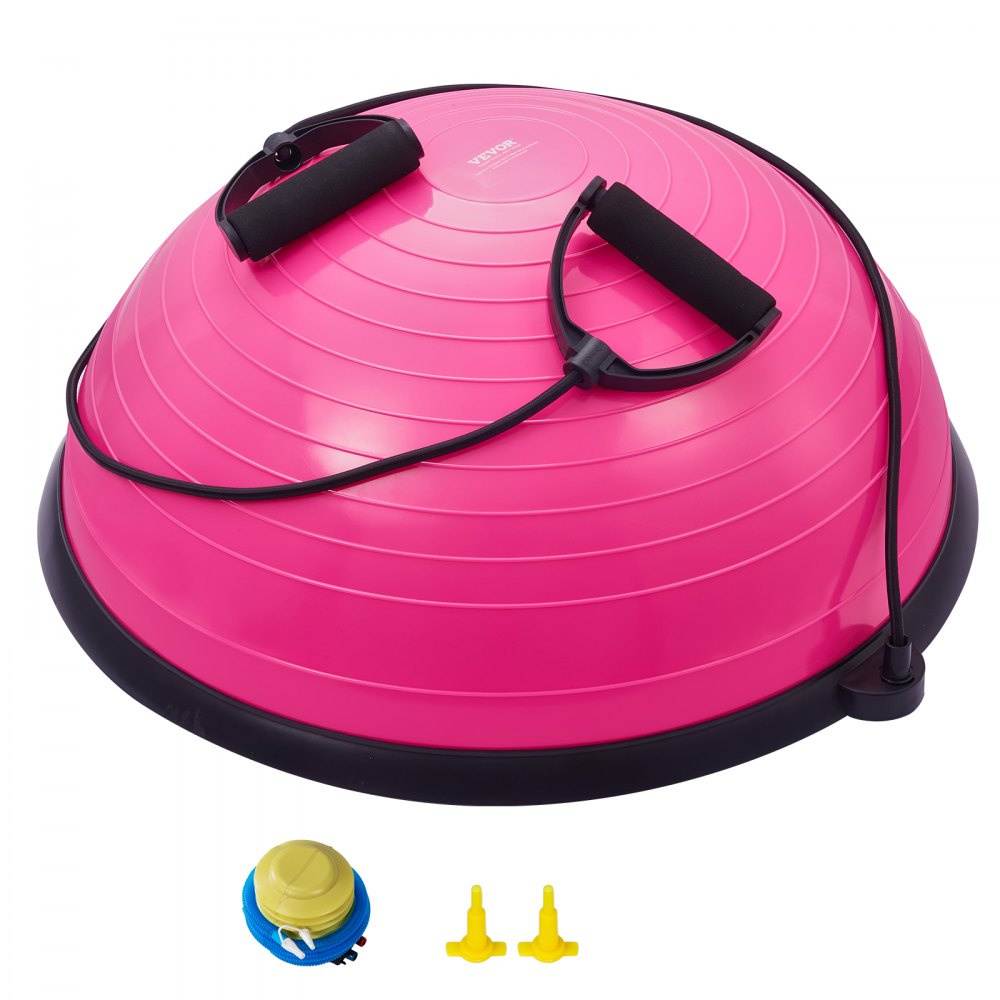 Rosafarbener VEVOR-Balanceballtrainer mit Widerstandsbändern, Luftpumpe und Ventilstopfen auf weißem Hintergrund.