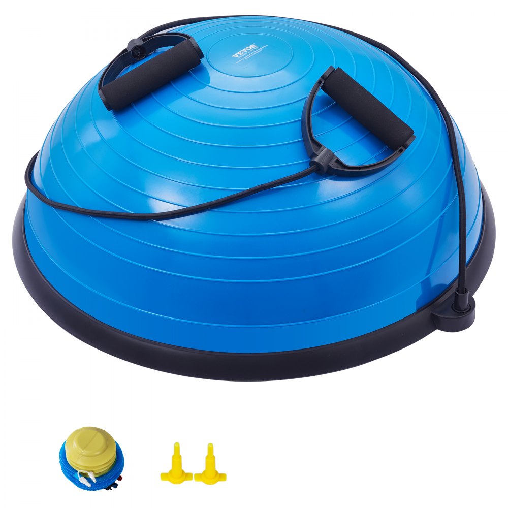 Blauer VEVOR-Balanceballtrainer mit angezeigten Widerstandsbändern und Luftpumpenkomponenten.