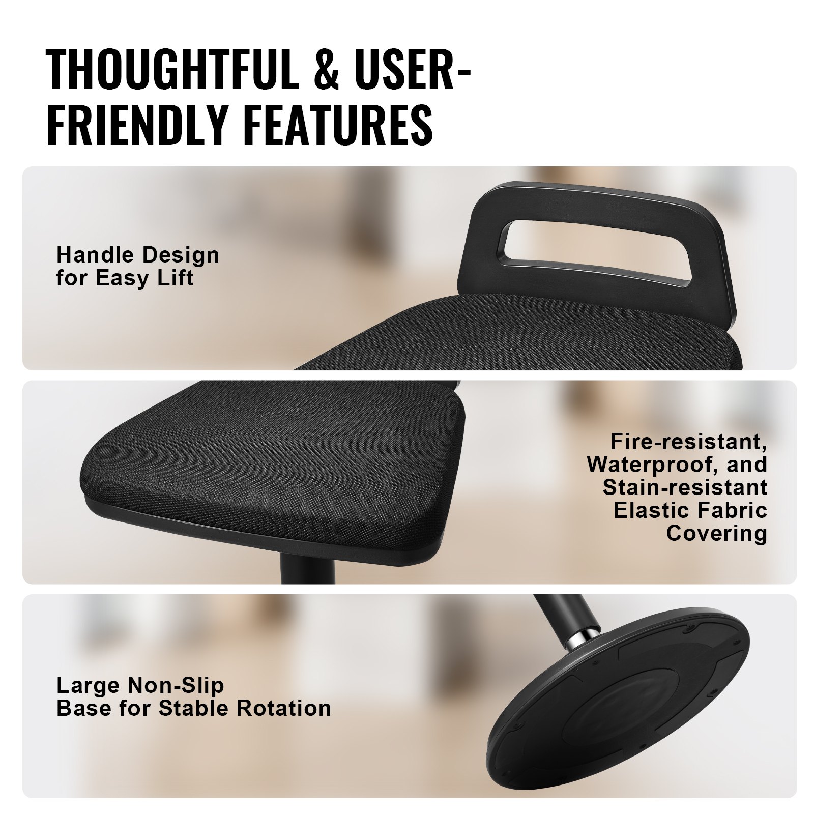 VEVOR Aktivstuhl Wackelhocker Stehhocker mit Griff, höhenverstellbar (625-875 mm), Bürohocker aus elastischem Stoff & Schaumstoff, ideal für Schulen, Büro und Zuhause, 8° Neigungswinkel, Schwarz