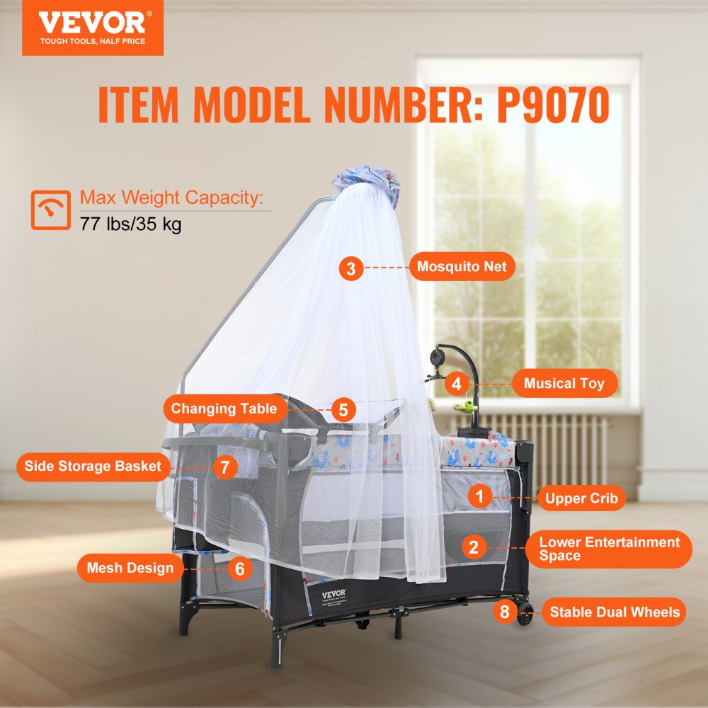 VEVOR Babybett Beistellbett Baby Rollbar 4 in 1, 926 x 598 x 692 mm Reisebett Kombi Set 35 kg Max. Gewichtskapazität, Babyreisebett mit Moskitonetz & Tierspielzeug & Haken, Praktischer Stubenwagen