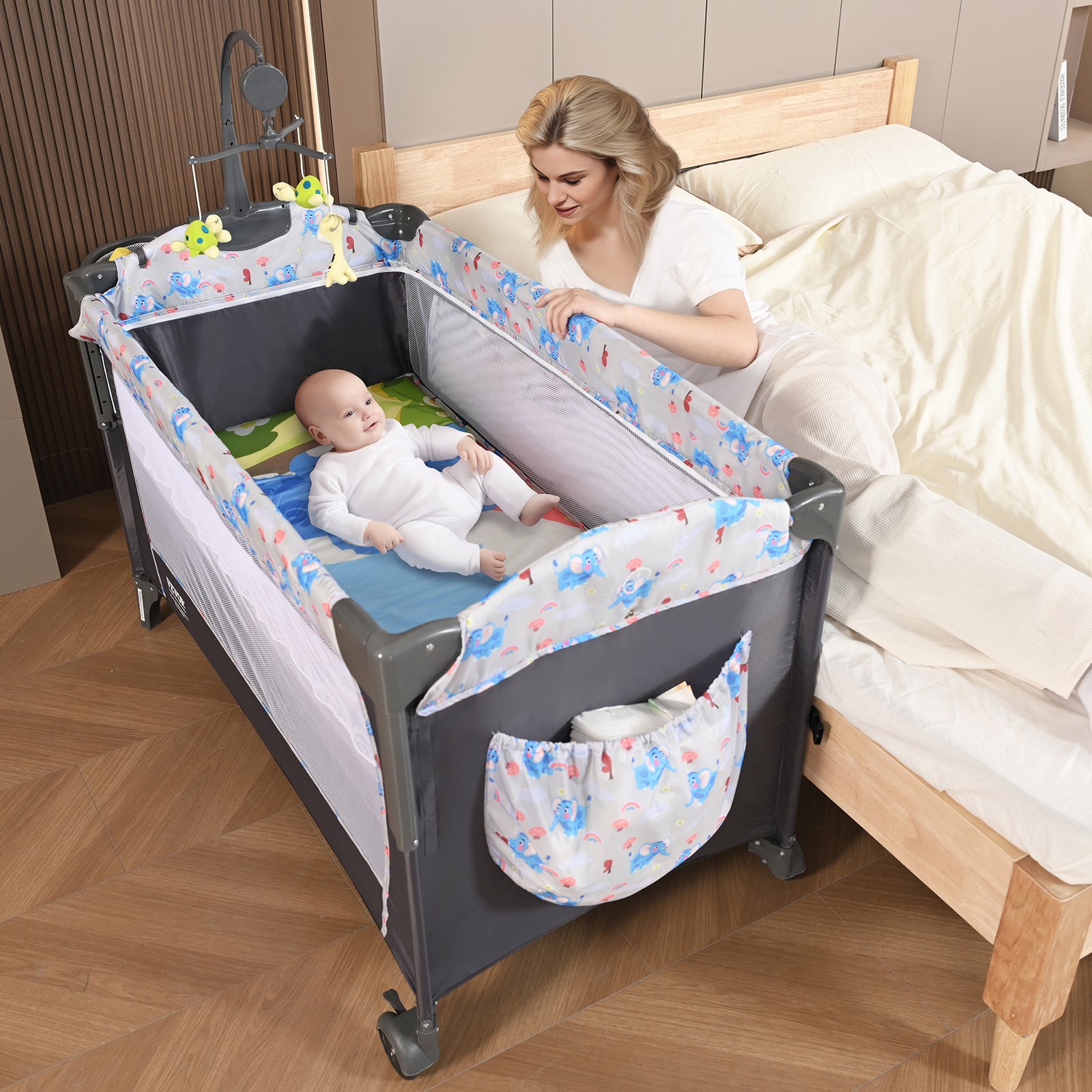 VEVOR Babybett Beistellbett Baby Rollbar 4 in 1, 926 x 598 x 692 mm Reisebett Kombi Set 35 kg Max. Gewichtskapazität, Babyreisebett mit Moskitonetz & Tierspielzeug & Haken, Praktischer Stubenwagen