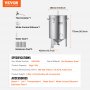 Abmessungen und Zubehör des VEVOR-Bierbraufermenters, einschließlich Thermometer, Wasserdichtung und Verlängerungsfüßen.