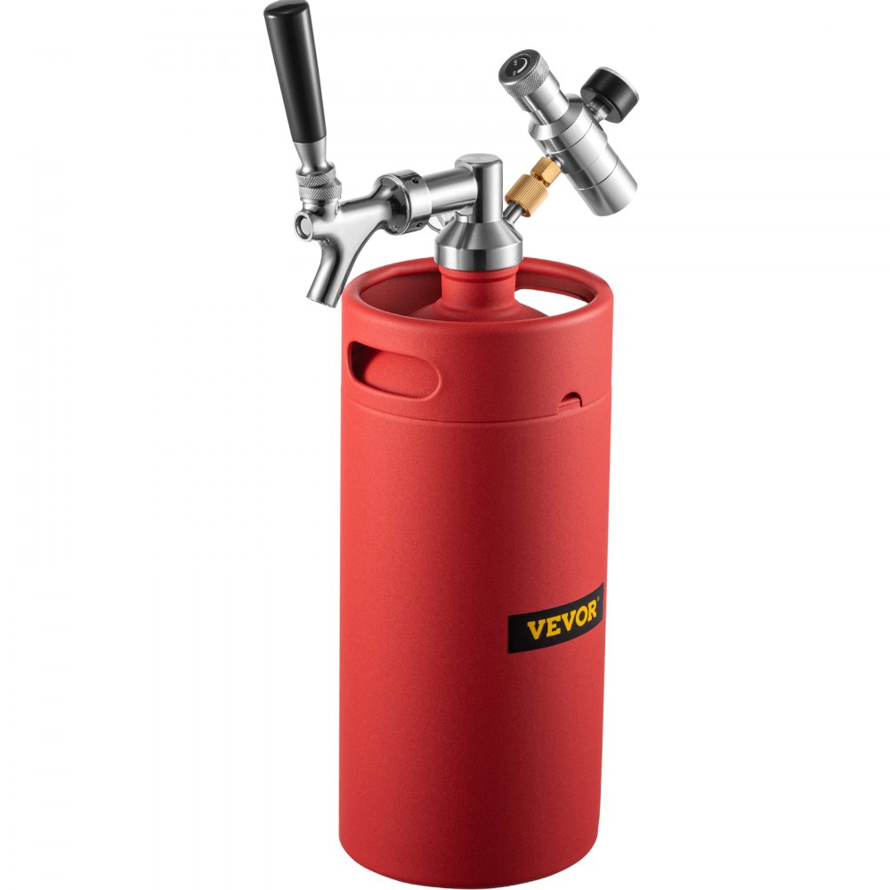 VEVOR Bierzucht-Wasserhahnsystem, 3,8 l Mini-Fass, 4 l Bierzüchter, 304 Edelstahl, Mini-Fass-Growler, mit Dual-Druckanzeige, CO2-Regler, Wasserhahn, 50,8 cm Bierschlauch-Ring, Rot
