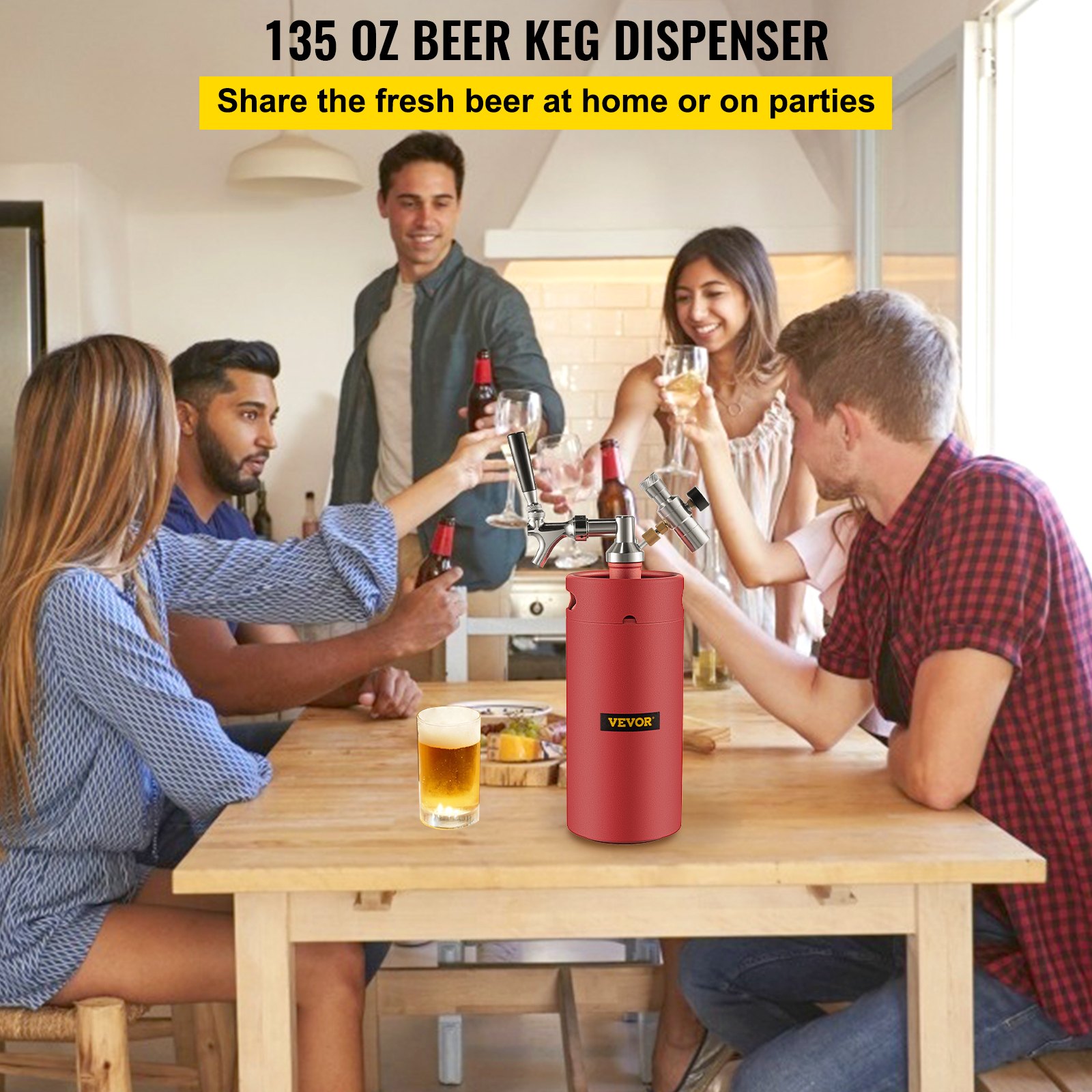 VEVOR Bierzucht-Wasserhahnsystem, 3,8 l Mini-Fass, 4 l Bierzüchter, 304 Edelstahl, Mini-Fass-Growler, mit Dual-Druckanzeige, CO2-Regler, Wasserhahn, 50,8 cm Bierschlauch-Ring, Rot