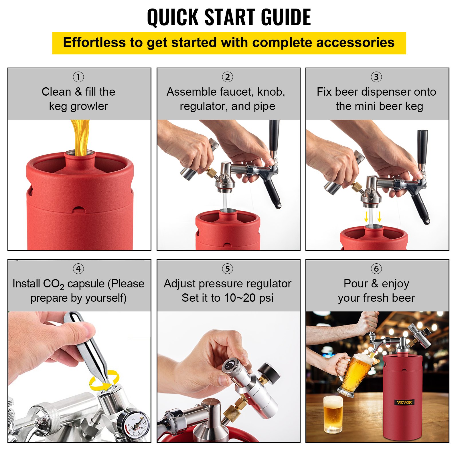 VEVOR Bierzucht-Wasserhahnsystem, 3,8 l Mini-Fass, 4 l Bierzüchter, 304 Edelstahl, Mini-Fass-Growler, mit Dual-Druckanzeige, CO2-Regler, Wasserhahn, 50,8 cm Bierschlauch-Ring, Rot