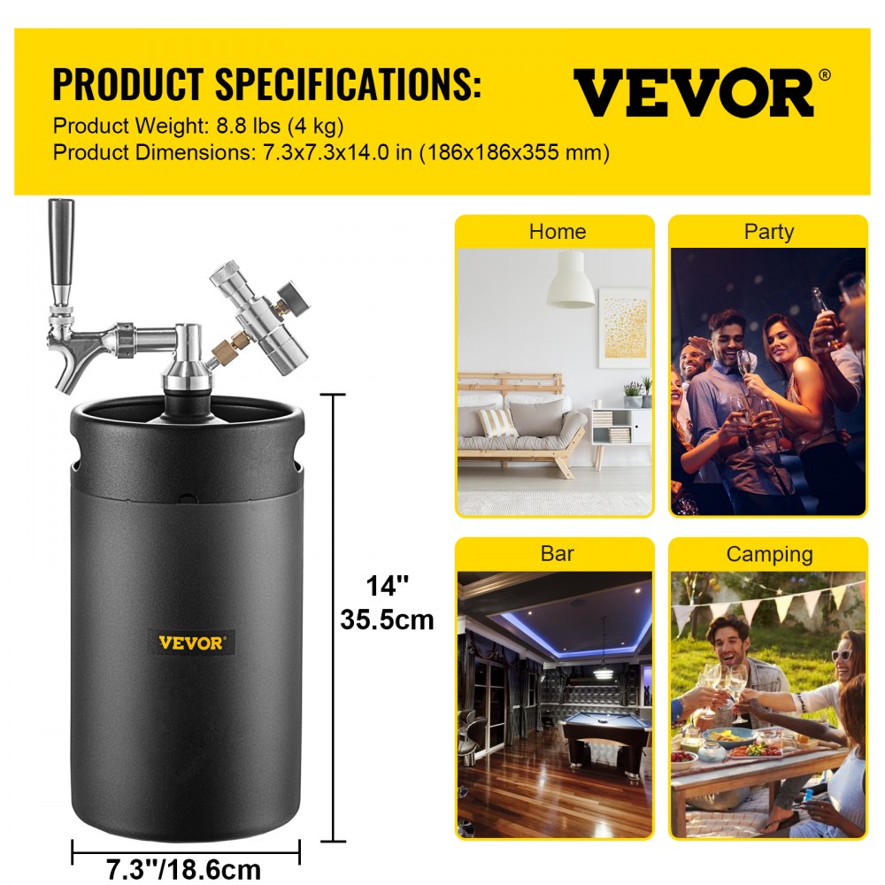 VEVOR Bierzapfanlage, 8 L Edelstahl 304 Fass Bierbraugerät, Schwarz Durchlaufkühler 4 kg Mini Fass Bier Growler, Hausbraueausführung mit doppelter Druckanzeige und auslaufsicherem Deckel