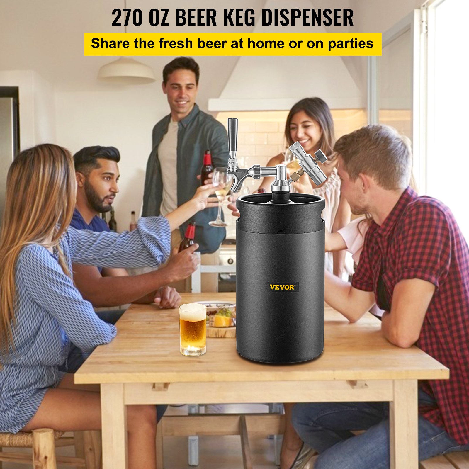 VEVOR Bierzapfanlage, 8 L Edelstahl 304 Fass Bierbraugerät, Schwarz Durchlaufkühler 4 kg Mini Fass Bier Growler, Hausbraueausführung mit doppelter Druckanzeige und auslaufsicherem Deckel