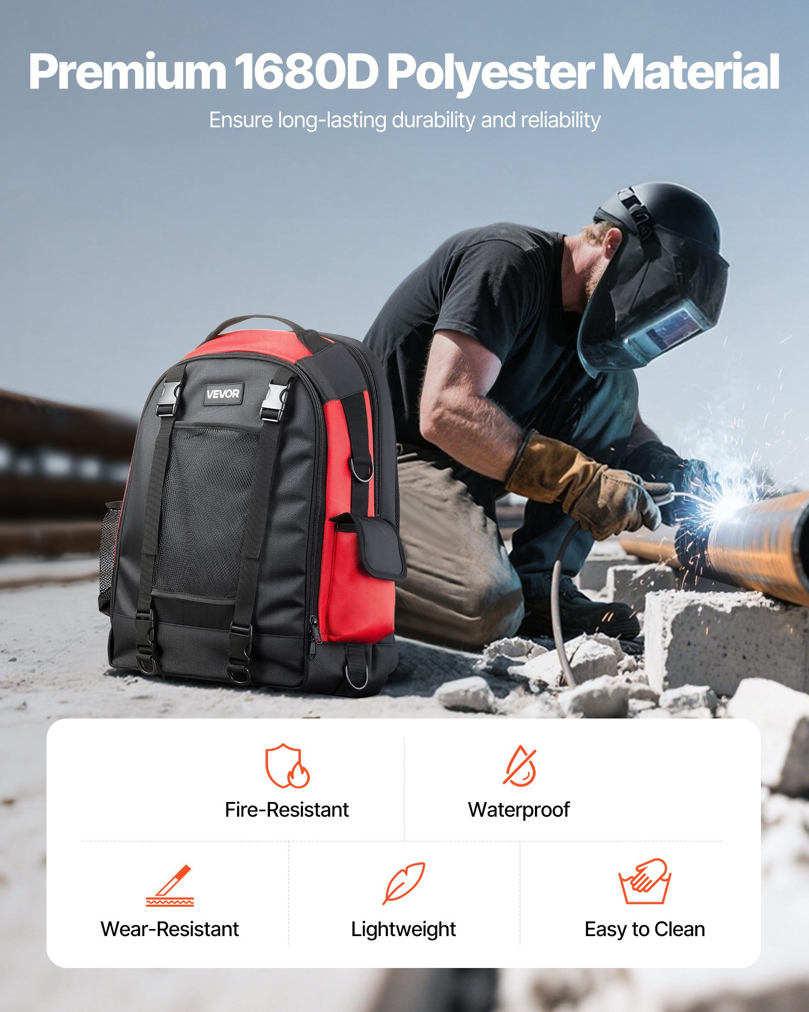 VEVOR Schweißrucksack 25,2 L, 1680D hochdichtes Polyester-Extremausrüstungspaket mit Helmtasche, Mehrzweck-Ausrüstungsaufbewahrungstasche zum Schweißen, Outdoor-Camping, Wandern, 36x21x50cm