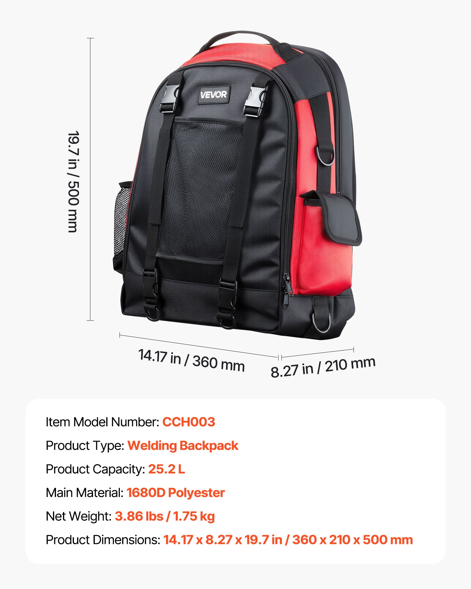 VEVOR Welding Backpack 25.2 L, 1680D High-Density Polyester Extreme Gear Package with Helmet Bag, Multi-Purpose Equipment Storage Bag for Welding, Outdoor Camping, Hiking, 36x21x50cm