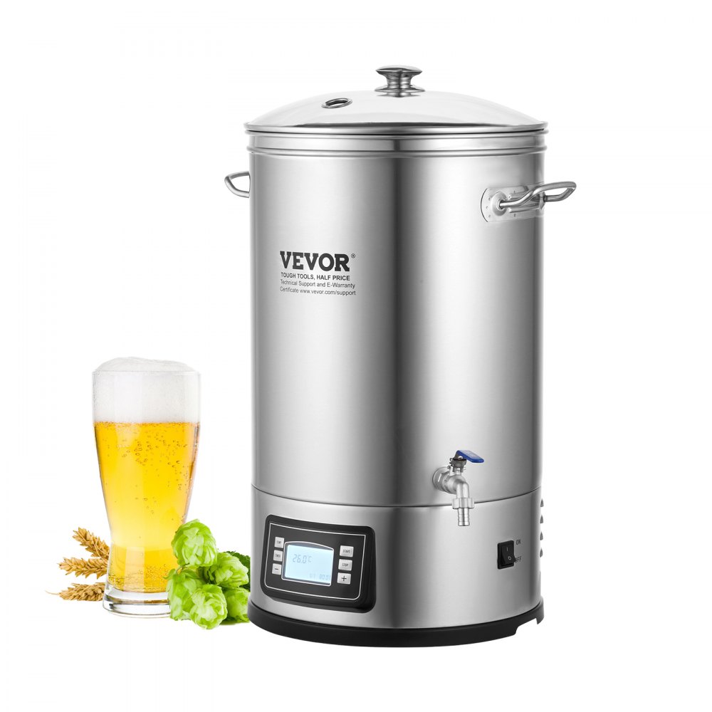 VEVOR Edelstahl Bierbrauanlage Wasserkocher 35 L, Wasserkocher zum Brauen, Heimbrauzubehör für Bier, Bierbraugerät Set inkl. Glasdeckel, Griff, Zapfhahn, Elektronische Bedienblende Gewerblich