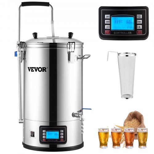 VEVOR Elektrisches Brühsystem, 35 l Brühtopf, All-in-One Bierbrauer mit Pumpe, Kochgerät mit Panel, Auto/Manueller Modus 100-1800 W Leistung 25-100 ℃ Temperatur 1-180 Min Timer Rezeptspeicher